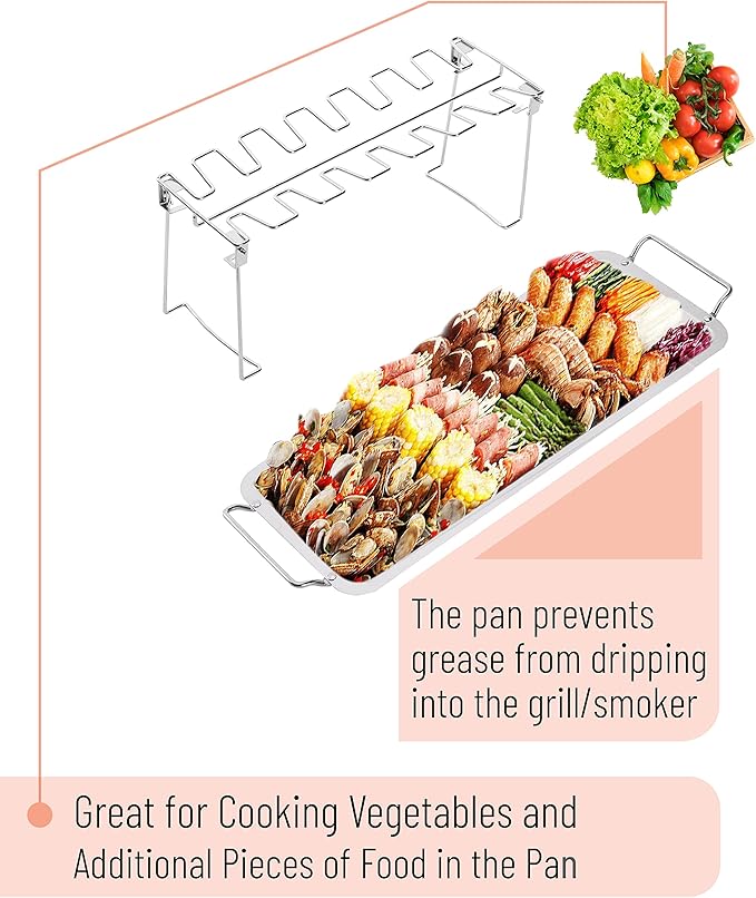 UNCO- Chicken Leg Rack for Grill with Drip Pan, 14 Slots Stainless Steel, Chicken Wing Rack for Smoker, Chicken Drumstick Rack, Chicken Stand for Smoker, Chicken Drumstick Holder, Grill Rack.