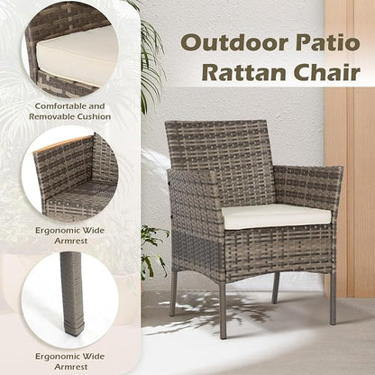 FDW 3 Piece Outdoor Furniture Set Patio Gray Wicker Chairs Furniture Bistro Conversation Set 2 Rattan Chairs with Khaki Cushions and Glass Coffee Table for Porch Lawn Garden Balcony Backyard