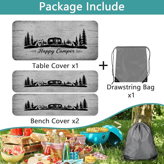 Picnic Table Cover with Bench Covers and Drawstring Bag, Camping Essentials, Happy Camper Camping Tablecloth, Waterproof Windproof Elastic Edges Fitted Rectangle Tables, 3PCS, 30x60 Inch