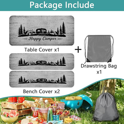 Picnic Table Cover with Bench Covers and Drawstring Bag, Camping Essentials, Happy Camper Camping Tablecloth, Waterproof Windproof Elastic Edges Fitted Rectangle Tables, 3PCS, 30x60 Inch