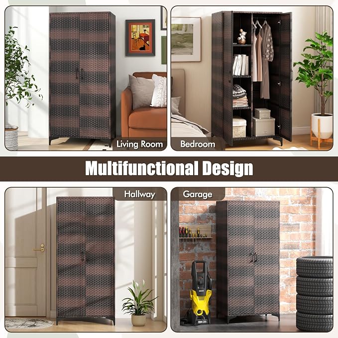 Giantex Wicker Storage Cabinet, 62” Tall Pantry Cabinet with 2 Doors, Hanging Rod, 4 Storage Cubes, Metal Legs, Anti-Tipping Device, PE Rattan Storage Cabinet for Home Office, Garage Cabinets (Brown)