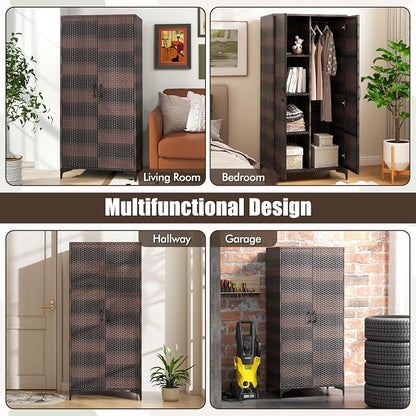Giantex Wicker Storage Cabinet, 62” Tall Pantry Cabinet with 2 Doors, Hanging Rod, 4 Storage Cubes, Metal Legs, Anti-Tipping Device, PE Rattan Storage Cabinet for Home Office, Garage Cabinets (Brown)