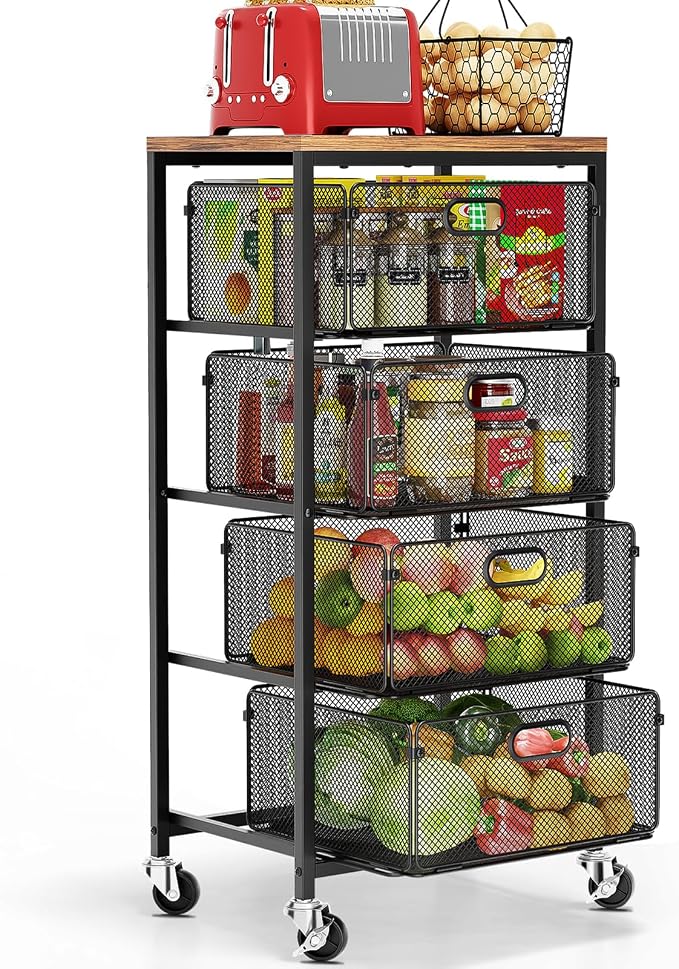 Goovilla Kitchen Cart with Drawers, Lockable Wheels with Wooden Top, Black | 4 Tier Metal Rolling Utility Cart Organizer, Fruit Vegetable Storage Rack Also for Cans, Snack, Craft, Art, Office, Beauty