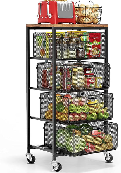 Goovilla Kitchen Cart with Drawers, Lockable Wheels with Wooden Top, Black | 4 Tier Metal Rolling Utility Cart Organizer, Fruit Vegetable Storage Rack Also for Cans, Snack, Craft, Art, Office, Beauty