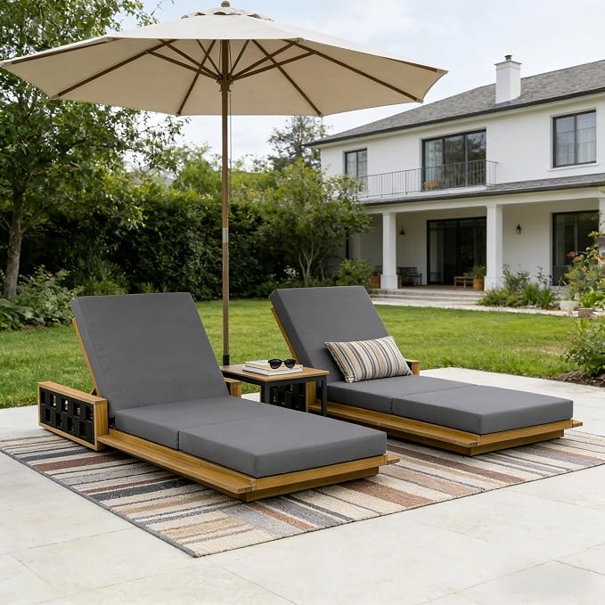 Merax Patio Chaise Lounge Set of 2, Acacia Wood Outdoor Reclining Chairs with 4-Position Adjustable Backrest, 2-Piece Sunbathing Recliner & 4" Thick Triple-fold Cushion for Poolside, Garden, Dark Gray