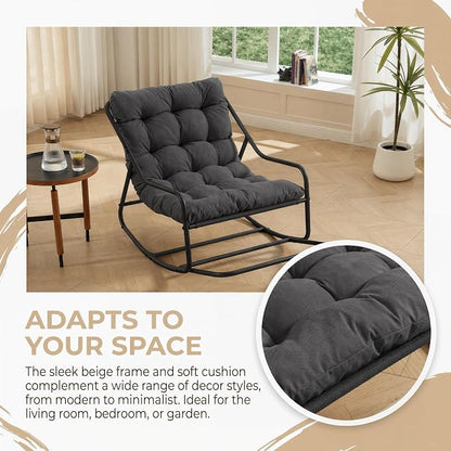 Outdoor Rocking Chairs, Metal Frame Outdoor Rocker with Footrest, Comfy Oversized Patio Chair with Thick Cushion, Reading Glider Lounge Chair for Living Room, Bedroom, Garden, Relax, Gray