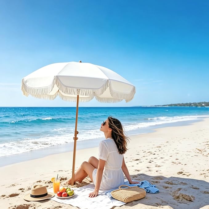 Seazul 7.5ft Patio Umbrella with Fringe, Beach Umbrella, Fringe Umbrella Outdoor Patio with Hanging Hook, Tilting Aluminum Pole, UV 50+, Fiberglass Ribs, Elegant Cream