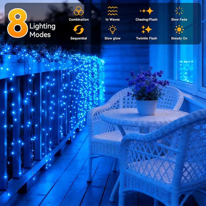 Solar String Lights Outdoor Waterproof 2 Pack Total 66ft 200LED Blue | 8 Modes Twinkle Lights Solar Fairy Lights for Patio, Garden Yard Party Wedding Tree Christmas Halloween Decoration