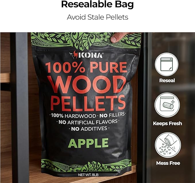 Kona 100% Apple Smoker Pellets, Intended for Ninja Woodfire Outdoor Grill, 8 lb Resealable Bags