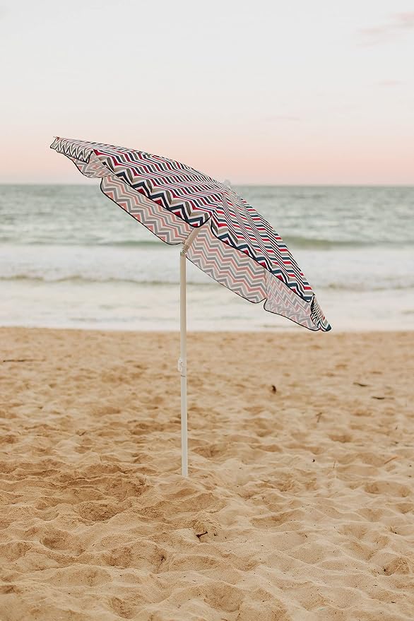 PICNIC TIME 5.5 Ft Portable Beach Umbrella, Lightweight UV Protection Sunshade with Tilt Pole & Carry Bag, Outdoor Canopy Umbrella for Beach, Sand, Pool, Patio, Camping, Travel, or Backyard Shade, (Vibe Collection - Navy Blue, Orange, & Gray Pattern)