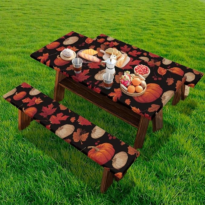 Thanksgiving Elastic Fitted Table Cloth for Outdoor Camping Red Maple Leaf Pumpkin Camping Table Cloth for Picnic Table 3 PCS Set