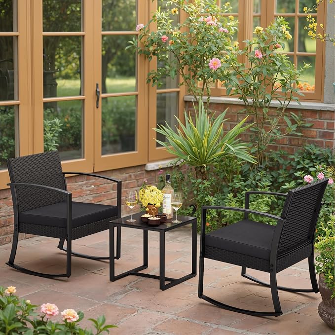 Greesum 3 Pieces Outdoor Furniture Set Patio Bistro Rocking Chairs with Glass Coffee Table for Pool Beach Backyard Balcony Porch Deck Garden, Black