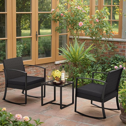 Greesum 3 Pieces Outdoor Furniture Set Patio Bistro Rocking Chairs with Glass Coffee Table for Pool Beach Backyard Balcony Porch Deck Garden, Black