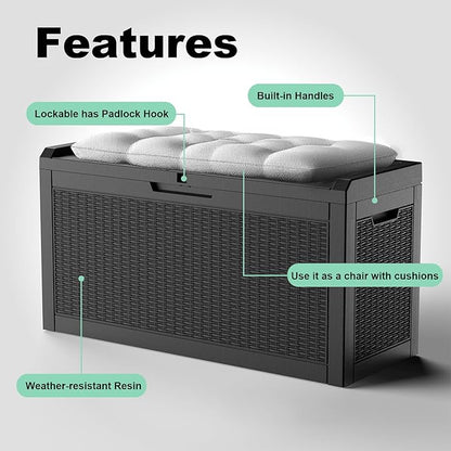 PatioZen 70 Gallon Deck Box Outdoor, Weatherproof Resin Patio Storage Box, Waterproof Outdoor Storage Boxes with Lid Lockable for Cushions, Garden Tools,Black