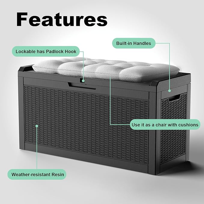 PatioZen 60 Gallon Resin Deck Box, Lockable Outdoor Storage Box for Patio Cushions Storage Furniture,Garden Tools, Pool Supplies, Weatherproof and UV Resistant (Black)