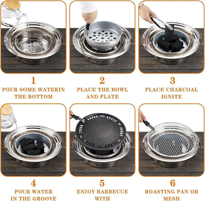 Portable Charcoal Grill, Tabletop Outdoor Barbecue, 13.7 Inches Non-Stick Korean BBQ Grill, Stainless Steel Small BBQ Grill for Outdoor Cooking Backyard Camping Picnics Beach