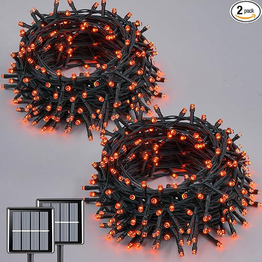 QITONG Orange Solar String Lights, 2 Pack Each 66ft 200 LED Solar Fairy Lights Outdoor Waterproof, Green Wire Twinkle Light with 8 Modes for Outside
