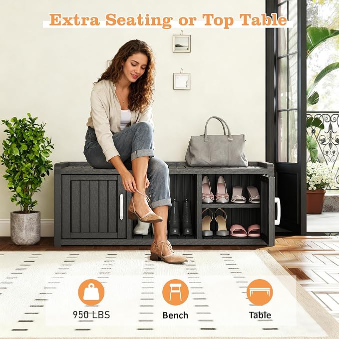 NUNU LAB Resin Shoe Cabinet,Waterproof Shoe Storage Cabinet with Adjustable Shelves,Entryway Storage Bench with Seat,Shoe Bench with Doors for Foyer,Hallway,Living Room (Black, 2-Door Big)