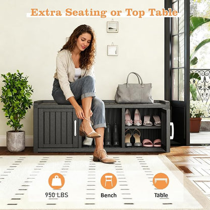 NUNU LAB Resin Shoe Cabinet,Waterproof Shoe Storage Cabinet with Adjustable Shelves,Entryway Storage Bench with Seat,Shoe Bench with Doors for Foyer,Hallway,Living Room (Black, 2-Door Big)