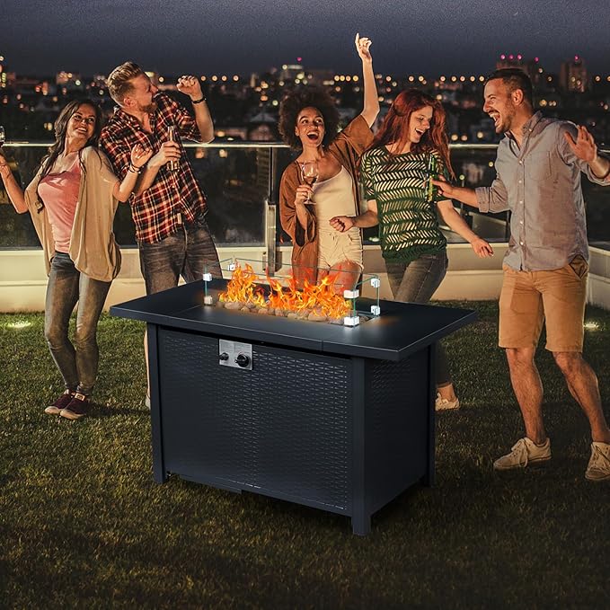 Outvita Fire Pit Table, 43" 50,000 BTU Rectangle Metal Propane Fire Table with Lid, Lava Rocks, Waterproof Dust Cover and Glass Wind Guard for Garden Backyard Deck Patio