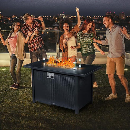 Outvita Fire Pit Table, 43" 50,000 BTU Rectangle Metal Propane Fire Table with Lid, Lava Rocks, Waterproof Dust Cover and Glass Wind Guard for Garden Backyard Deck Patio