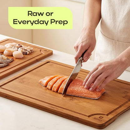 ROYAL CRAFT WOOD Wooden Cutting Boards for Kitchen Meal Prep & Serving - Bamboo Non Toxic Cutting Board Set with Deep Juice Groove Side Handles - Charcuterie & Chopping Butcher Block for Meat (2 Pcs)