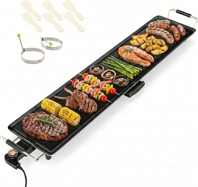 SIMOE Extra Large Teppanyaki Grill, 39.5” Electric Griddle Pan, Indoor Outdoor Nonstick BBQ Grill with Adjustable Temperature & Drip Tray, Long Griddle Electric for Party, Home, Camping