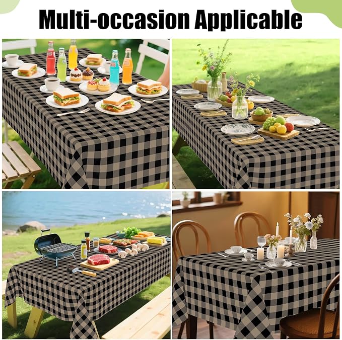 Smiry Picnic Table Cloth, Vinyl Tablecloths with Flannel Backing, 60"x102" | Waterproof Rectangle Table Cloth, Wipeable Buffalo Plaid Table Cover for Indoor and Outdoor (Black & Khaki)