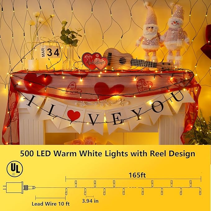 YEGUO 165ft 500 LED String Lights Outdoor Waterproof, Warm White Christmas Lights Indoor, 8 Modes Green Wire Twinkle Xmas Tree Lights Plug in with Memory Timer