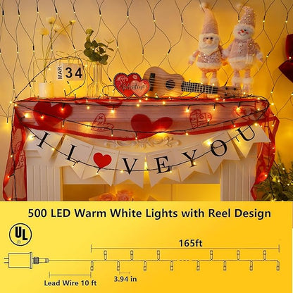YEGUO 165ft 500 LED String Lights Outdoor Waterproof, Warm White Christmas Lights Indoor, 8 Modes Green Wire Twinkle Xmas Tree Lights Plug in with Memory Timer