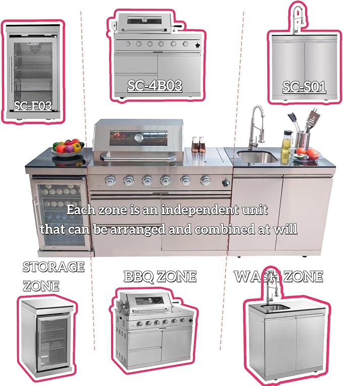 98" Propane Gas Outdoor Kitchen Bar Island Grill with 4-Burner 72000 BTU, Stainless Steel Outdoor Kitchen Island Grill with Wine Cooler Compact Refrigerator, Rotisserie, For Backyard BBQ, Silver