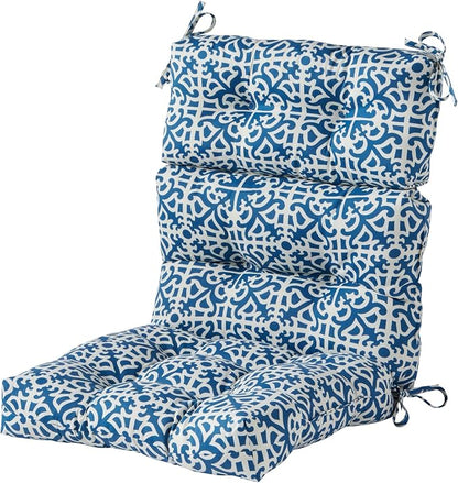 Outdoor Tufted High-Back Chair Cushions, One-Piece Hinged Seat and Back Design, Reversible with 4 Ties, Durable Polyester Fabric, Recycled Fiber Fill - Single, Indigo Lattice