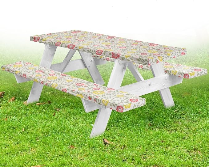 Premium Picnic Table Cover with Bench Covers Vinyl Fitted picnic table covers with Elastic RV Camping Accessories and Camper must haves Waterproof (Floral, 96 x 30(8ft) with skewers