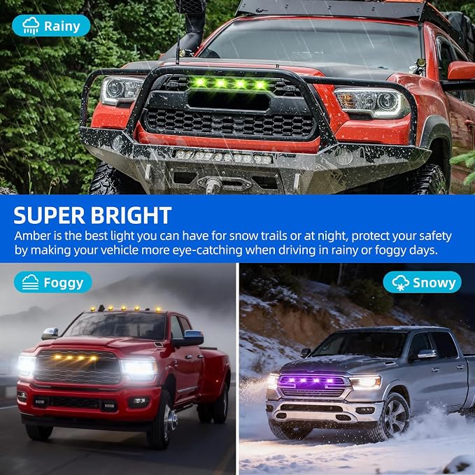 DREAMOTOR 4PCS LED Grille Lights Universal Car Front Grill RGB Lights | with APP Control Compatible With Dodge Ram 1500 Ford F150 GMC Sierra 1500 Chevy Silverado 1500 Jeep Wrangler Raptor