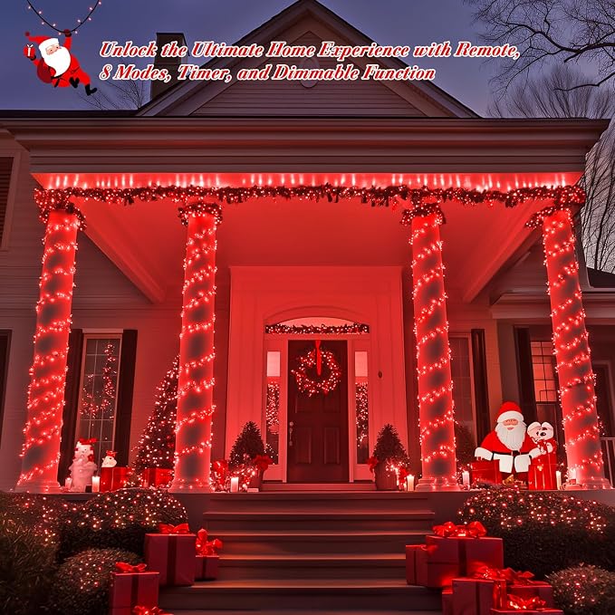 JMEXSUSS 400 LED Red Christmas Lights, 132ft String Lights Plug in | Red Lights for Halloween Indoor Outdoor with Remote & 8 Modes,for Tree Room Bedroom Fireplace Patio Party Christmas Decor