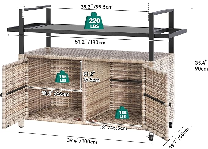 YITAHOME XL Outdoor Storage Cabinet, Outdoor Storage Cart with Wheels and Black Glass Table Top for Patio, Outdoor Cabinet for Poolside and Backyard (Light Brown)