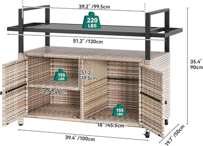 YITAHOME XL Outdoor Storage Cabinet, Outdoor Storage Cart with Wheels and Black Glass Table Top for Patio, Outdoor Cabinet for Poolside and Backyard (Light Brown)