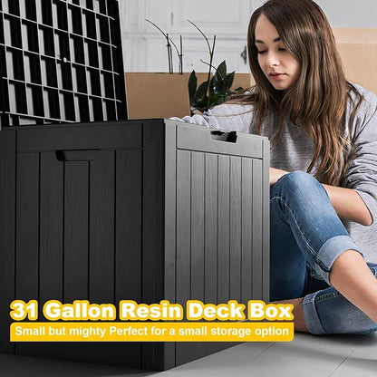 ROJIK Outdoor Storage Housing Deck Box-Waterproof Patio Furniture,Garden Tools,Cushions,Pool Accessories Storage Waterproof Resin Box with Capacity (31 Gal & Black)