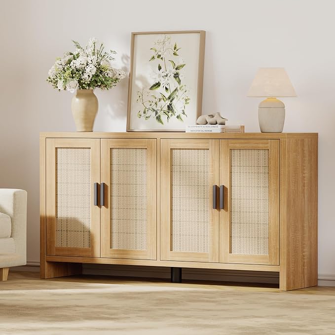 Rattan Buffet Cabinet with Storage, Sideboard Cabinet with Doors and Adjustable Shelves, Farmhouse Coffee Bar Station Table, Modern Wood Cupboard for Kitchen, Livingroom and Dining Room