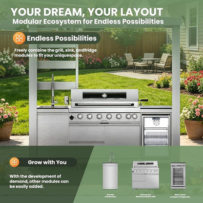 94" Stainless Steel Outdoor Kitchen Island with 6-Burner 85000 BTU,Heavy-Duty Propane Grill with Rotisserie Oven,Galvanized Steel Roof,Granite Countertops,Refrigerator,Sink.(Propane Gas)