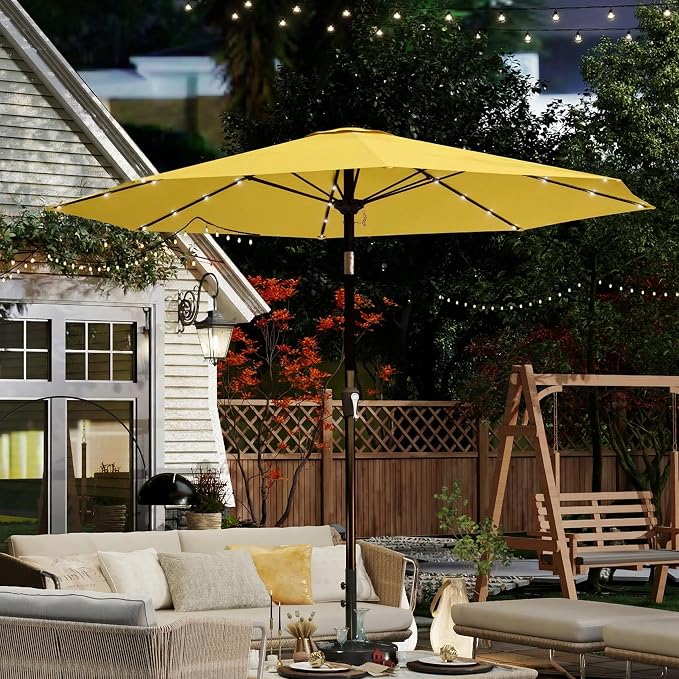 10FT Solar Umbrella 32 LED Lighted Patio Umbrella Table Market Umbrella w/Tilt and Crank, UV-Resistant Outdoor Umbrella for Pool, Garden, Deck, Sunshine Yellow