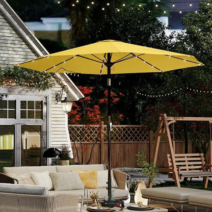 10FT Solar Umbrella 32 LED Lighted Patio Umbrella Table Market Umbrella w/Tilt and Crank, UV-Resistant Outdoor Umbrella for Pool, Garden, Deck, Sunshine Yellow