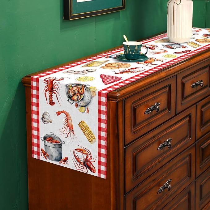 Crawfish Boil Table Runner Buffalo Check Lobster Crab Seafood Boil Themed Birthday Party Decoration Dining Room Home Kitchen Decor (13" x 108")