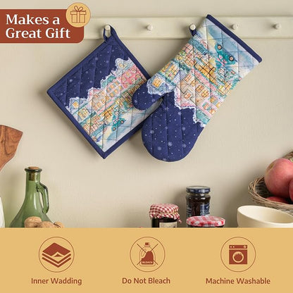 Maison d' Hermine 100% Cotton Oven Mitt & Pot Holder Set (7.5"x13" & 8"x8") | Heat Resistant BBQ Cooking Gloves with Loop Baking Kitchen Home Farmhouse Thanksgiving Christmas - Christmas Market - Blue