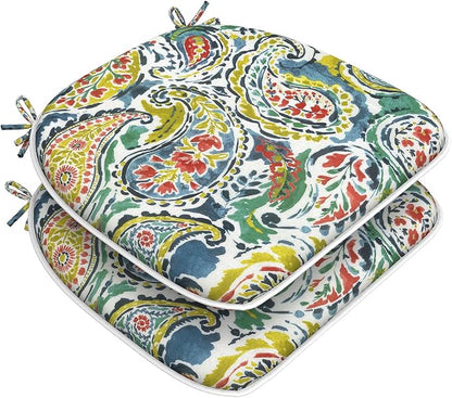 DYTXIII Set of 2 Outdoor Chair Cushions with Ties, Water Repellent Patio Chair Pads 17"x 16" for Outdoor Furniture, Round Corner Seat Cushions for Garden Yard Kitchen Paisley Paradise