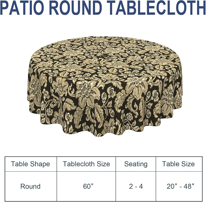 Outdoor/Indoor Round Tablecloth with Umbrella Hole Zipper, Decorative Circular Table Cover for Home Garden, 60 Inch, Jacobean Black