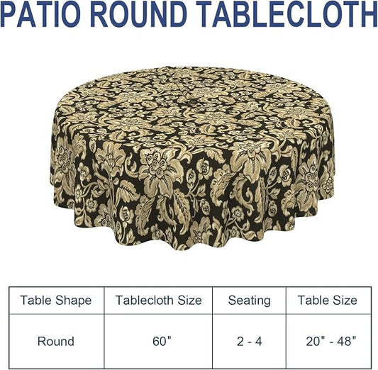Outdoor/Indoor Round Tablecloth with Umbrella Hole Zipper, Decorative Circular Table Cover for Home Garden, 60 Inch, Jacobean Black