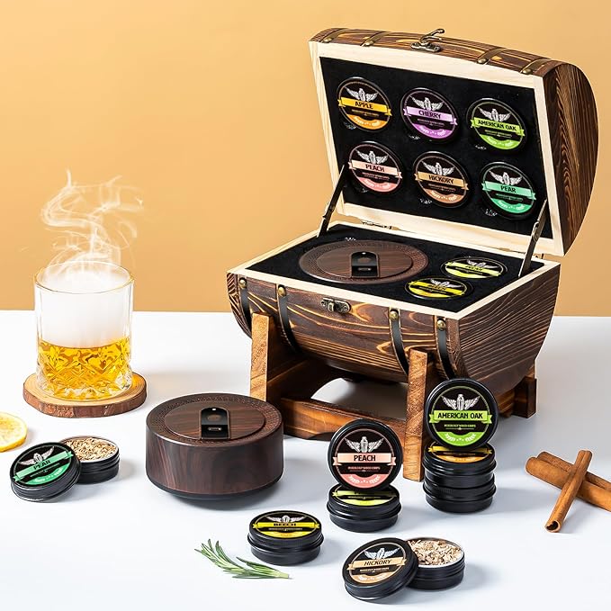 Electric Whiskey Smoker Kit with Charred Wooden Case(Patent Pending), Rechargeable Cocktail Smoker Kit with 8 Flavors Wood Chips, Old Fashioned Smoker, Bourbon Gifts for Men, Dad (No Butane Needed)