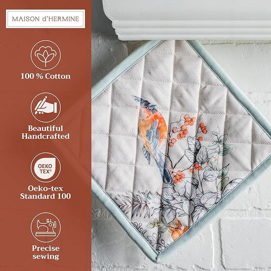 Maison d' Hermine Pot Holders Set 100% Cotton Heat Resistant Potholders 8" x 8" Hot Pads with Loop for Thanksgiving Christmas Decorations Baking Handling Hot Pans (Pack of 2, Whitish Shabby Chique)