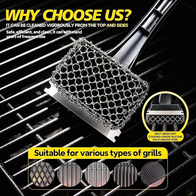 Bristle-Free Grill Brush & Scraper,Durable, Efficient and Extra Safe BBQ Cleaning Brush for Cast Iron and Stainless Steel Outdoor Grills(Coarse Mesh)